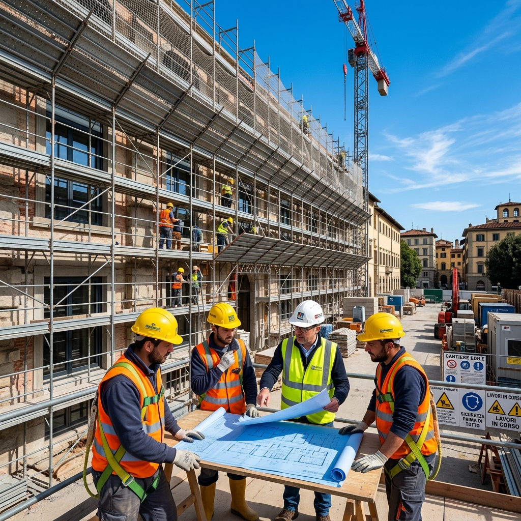 Cantiere edile in Italia con operai e ponteggi
